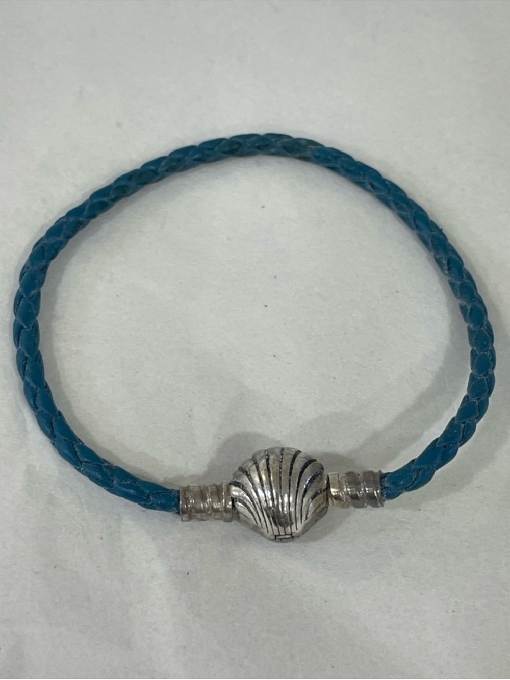 Pandora Silver Seashell Clasp Teal Braided Leather Bracelet